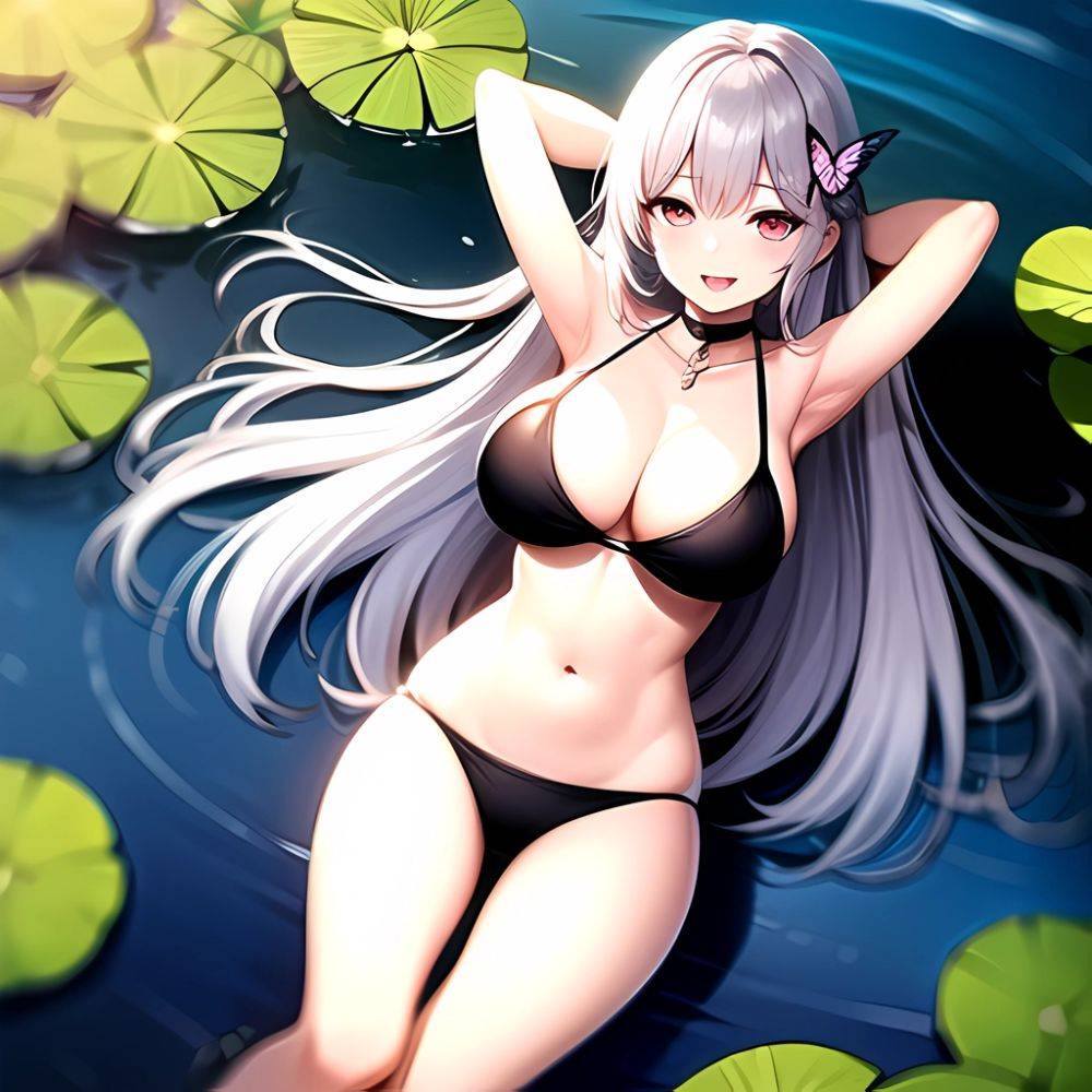 1girl D Bare Arms Bare Shoulders Bikini Black Bikini Breasts Bug Butterfly Butterfly Hair Ornament Choker Cleavage Feet Out Of, 3011846899 - AIHentai - #main