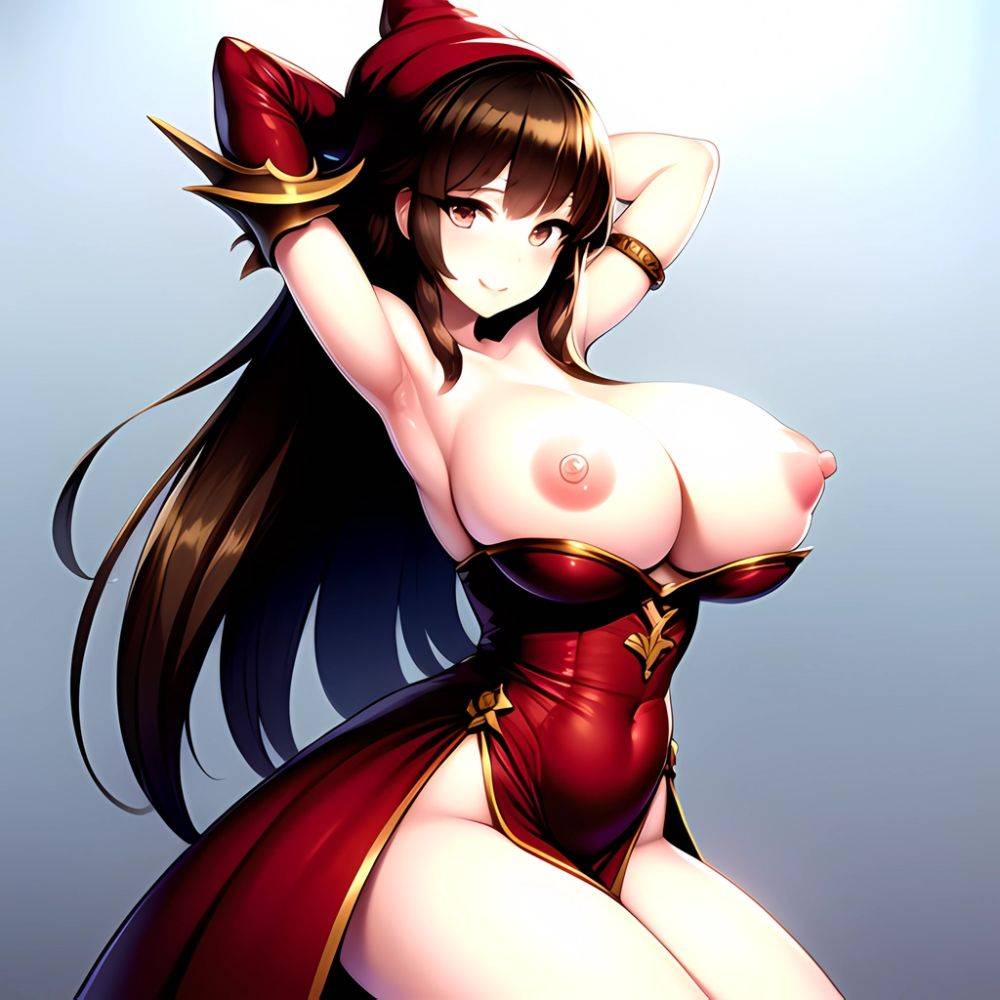 1girl Absurdres Bare Shoulders Black Headwear Breasts Breasts Out Brown Eyes Brown Hair Cleavage Dragon 039 S Crown Dress Highre, 3043555712 - AIHentai - #main