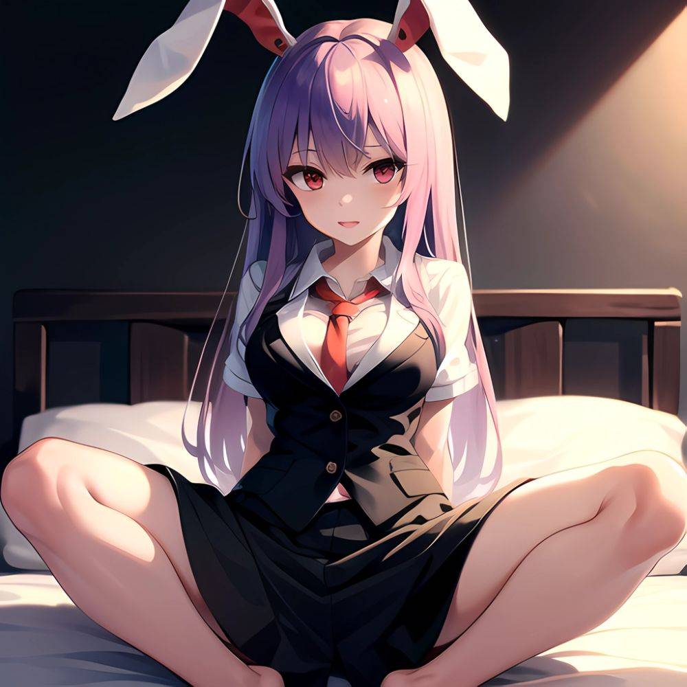 Ai Assisted Breasts Highres Medium Breasts Red Eyes Reisen Udongein Inaba Sitting Spread Legs Touhou Arms Behind Back, 3635574381 - AIHentai - #main