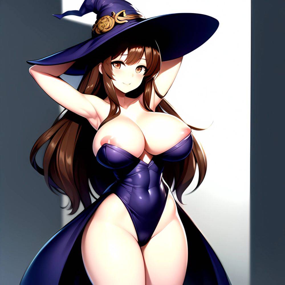 1girl Absurdres Bare Shoulders Black Headwear Breasts Breasts Out Brown Eyes Brown Hair Cleavage Dragon 039 S Crown Dress Highre, 1362113440 - AIHentai - #main
