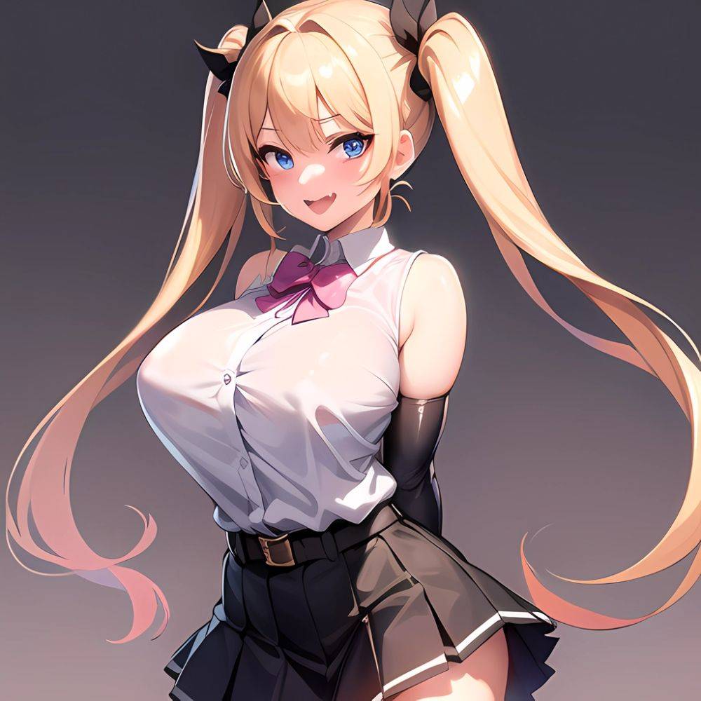 1girl Aymusk Belt Black Skirt Blonde Hair Blue Eyes Blush Bow Bowtie Breasts Curvy Elbow Gloves Fang Gloves Gradient Background, 684059988 - AIHentai - #main