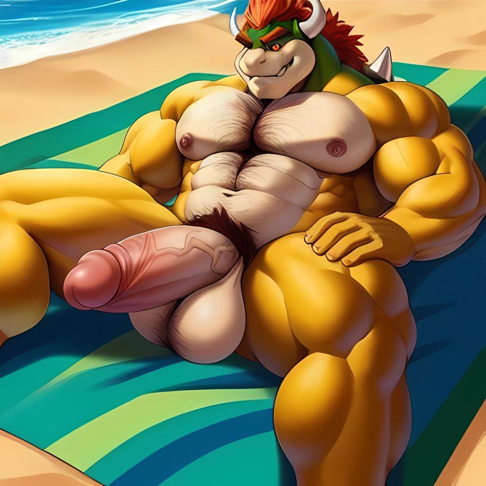 Bowser Laying On The Beach Yellow Skin Laying On A Towel Nude Beach Big Balls Big Penis Nipples Veins Muscles, 2278094424 - AIHentai - #main