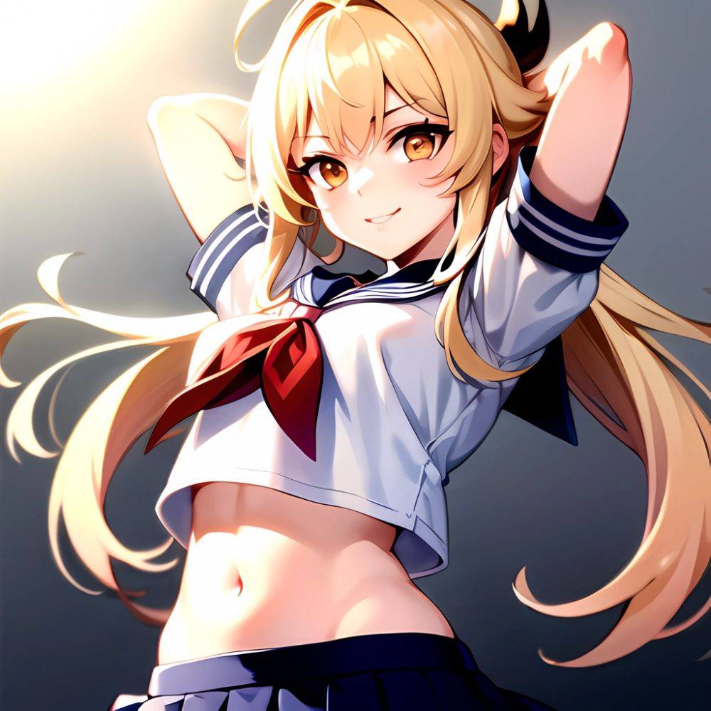 1girl Arms Up Arms Behind Head Blonde Hair Blue Skirt Bow Crop Top Crop Top Overhang Genshin Impact Gradient Background, 1230887452 - AIHentai - #main