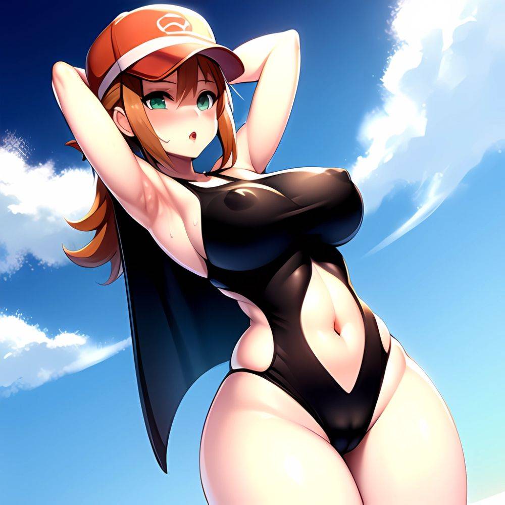 1girl Armpits Back Bare Legs Bikini Blush Breasts Covered Navel Cowboy Shot Creatures Company Female Focus Game Freak Green Eyes, 1177858227 - AIHentai - #main