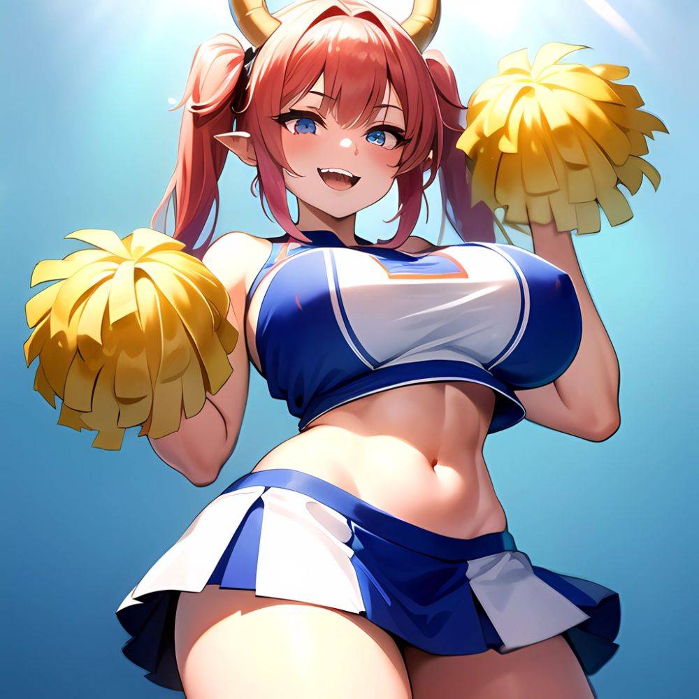 1girl Absurdres White Skirt Whitefrok Breasts Cheerleader Dragon Girl Dragon Horns Highres Holding Holding Pom Poms Horns Huge B, 1967621429 - AIHentai - #main