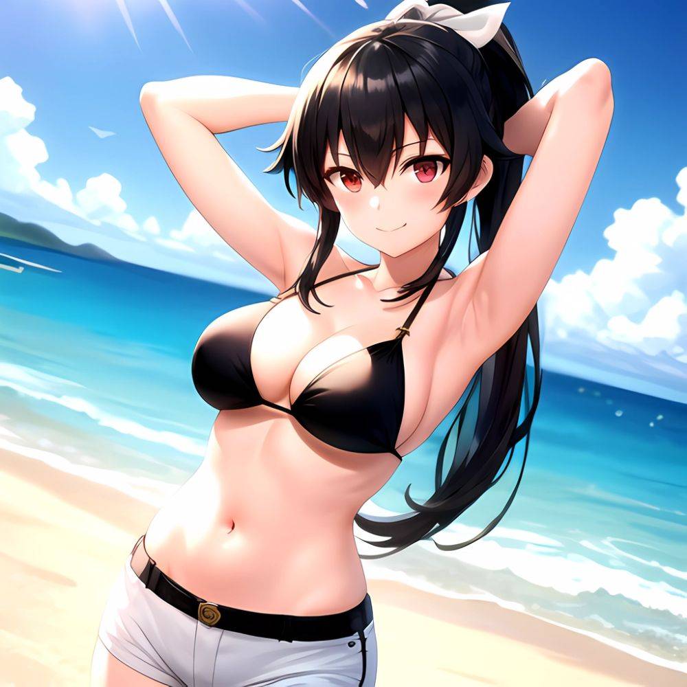 1girl Arms Behind Head Armpits Beach Bikini Bikini Under Shorts Black Bikini Black Hair Blurry Blurry Background Breasts Cleavag, 3672886834 - AIHentai - #main