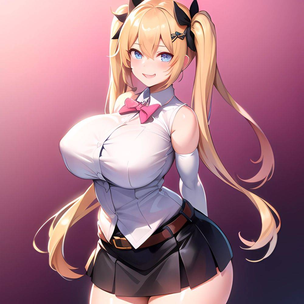 1girl Aymusk Belt Black Skirt Blonde Hair Blue Eyes Blush Bow Bowtie Breasts Curvy Elbow Gloves Fang Gloves Gradient Background, 1629350240 - AIHentai - #main