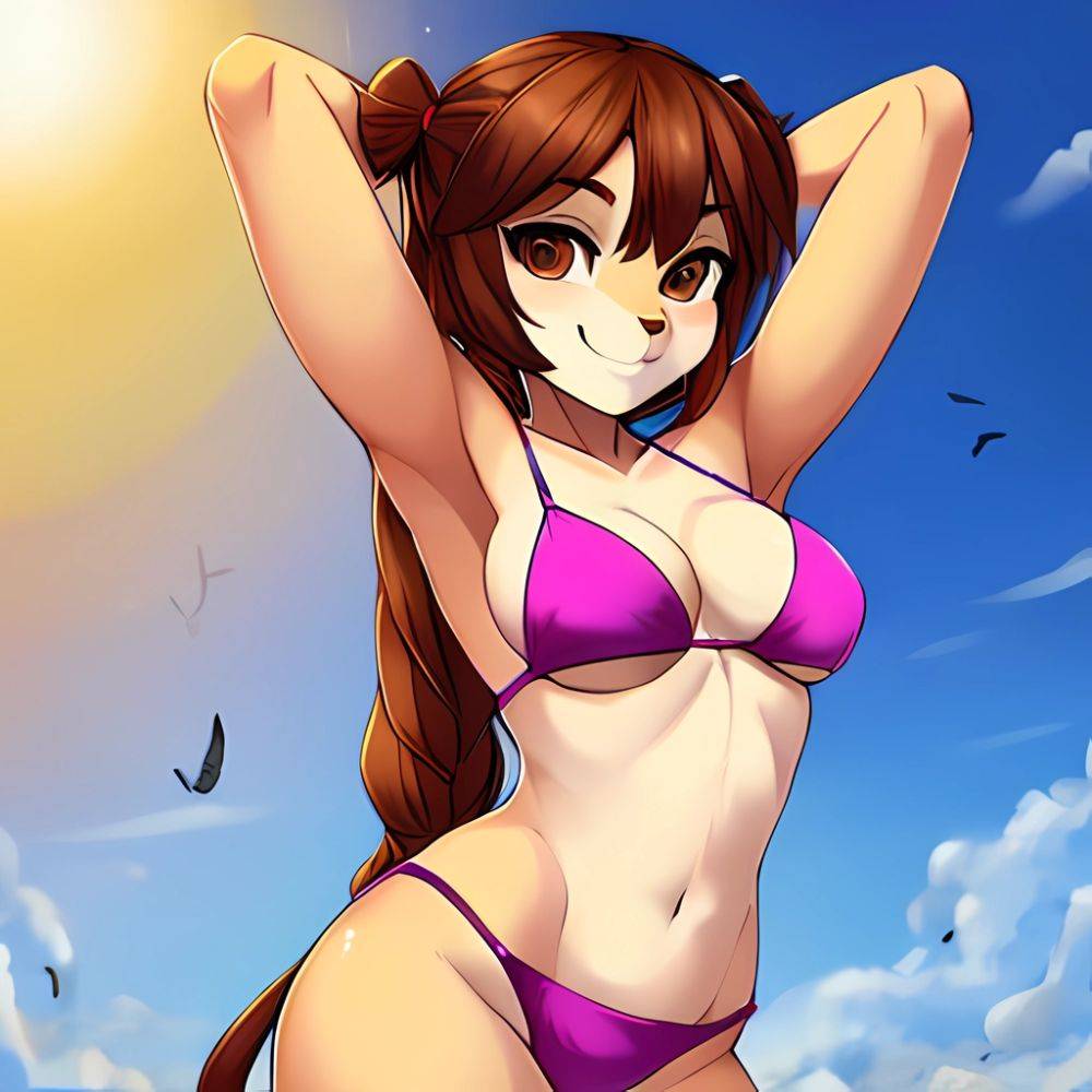 1girl Armpits Arms Behind Head Bikini Brown Eyes Brown Hair Cowboy Shot Dot Nose Flat Chest From Side Hair Ornament, 3804759855 - AIHentai - #main