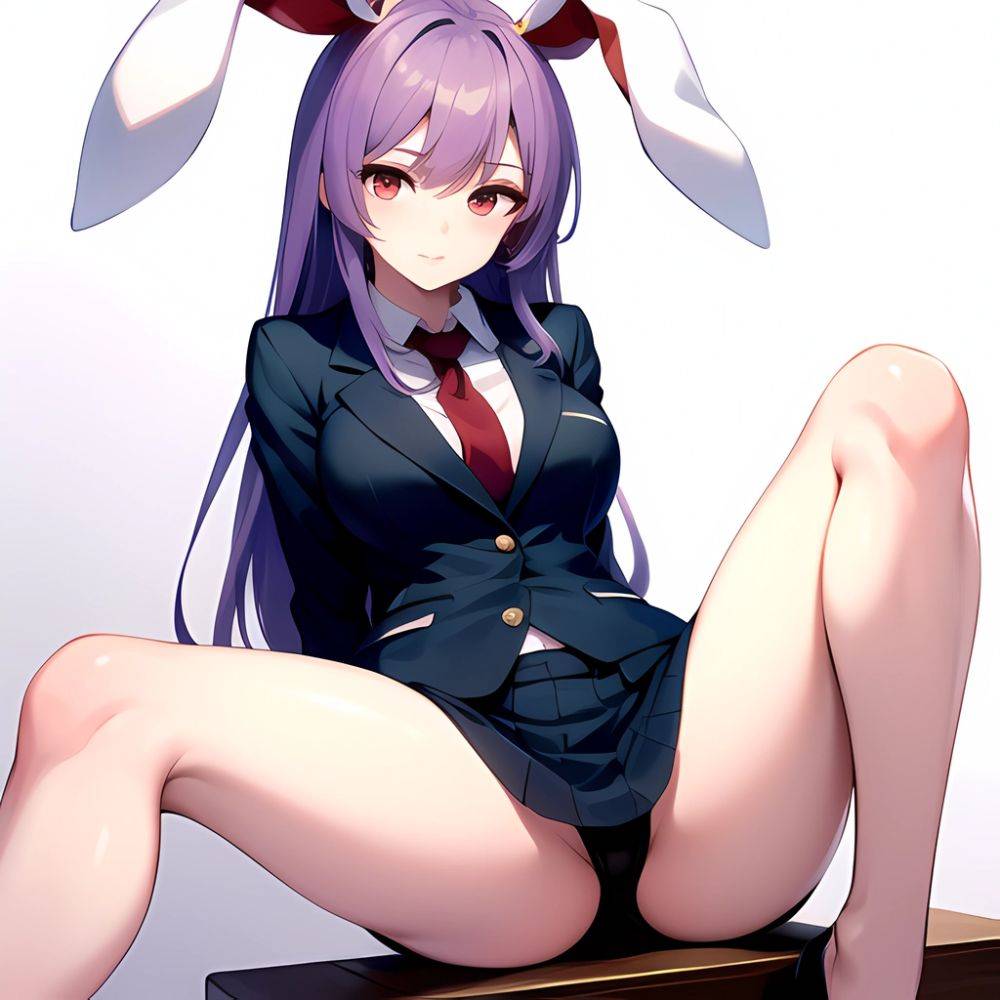 Ai Assisted Breasts Highres Medium Breasts Red Eyes Reisen Udongein Inaba Sitting Spread Legs Touhou Arms Behind Back White Outl, 1480358451 - AIHentai - #main