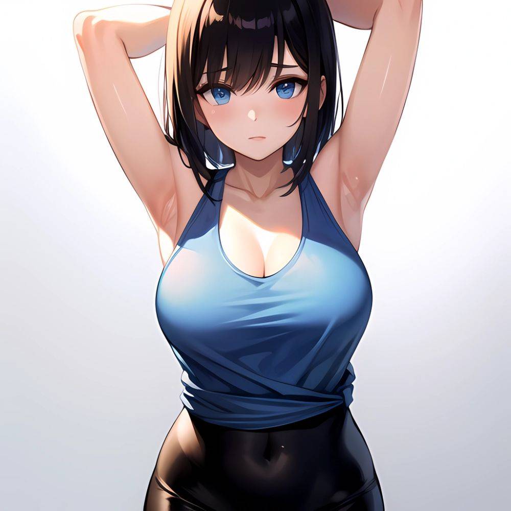 1girl Solo Tank Top Leggings Blue Eyes Standing Fully Clothed Pov Simple Background Arms Behind Head, 3635321467 - AIHentai - #main