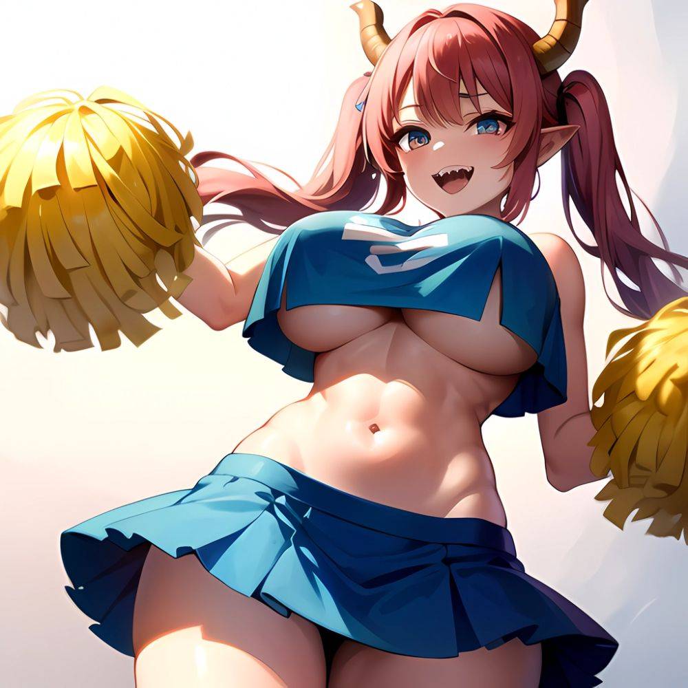 1girl Absurdres Blue Skirt Bluefrok Breasts Cheerleader Dragon Girl Dragon Horns Highres Holding Holding Pom Poms Horns Huge Bre, 2929844089 - AIHentai - #main