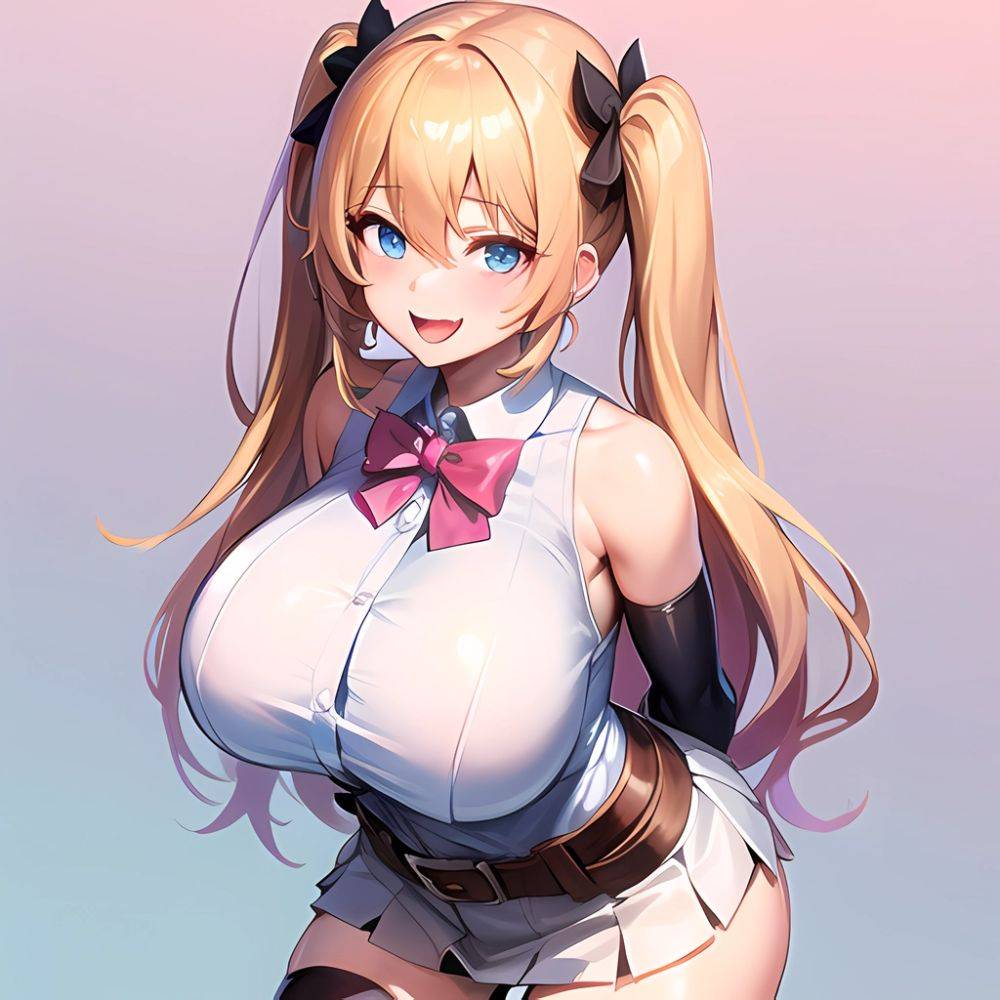 1girl Aymusk Belt White Skirt Blonde Hair Blue Eyes Blush Bow Bowtie Breasts Curvy Elbow Gloves Fang Gloves Gradient Background, 1319581328 - AIHentai - #main