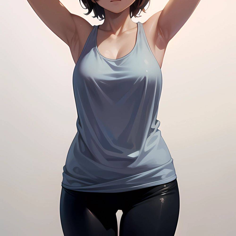 1girl Solo Tank Top Leggings Blue Eyes Standing Fully Clothed Pov Simple Background Arms Behind Head, 2445979884 - AIHentai - #main