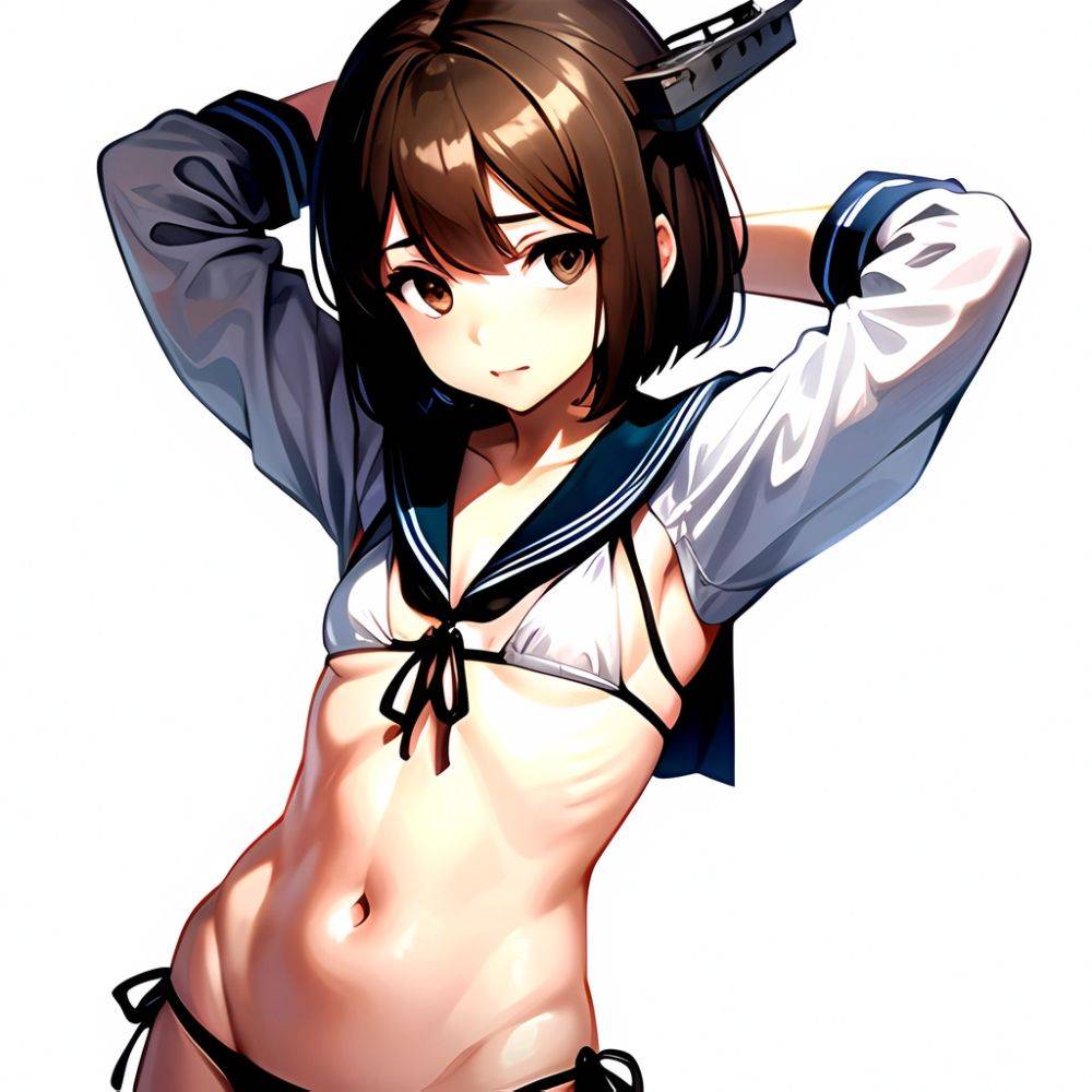 1girl Arms Up Arms Behind Head Bikini Bob Cut Brown Eyes Brown Hair Commentary Request Cosplay Cowboy Shot Flat Chest, 3406349358 - AIHentai - #main