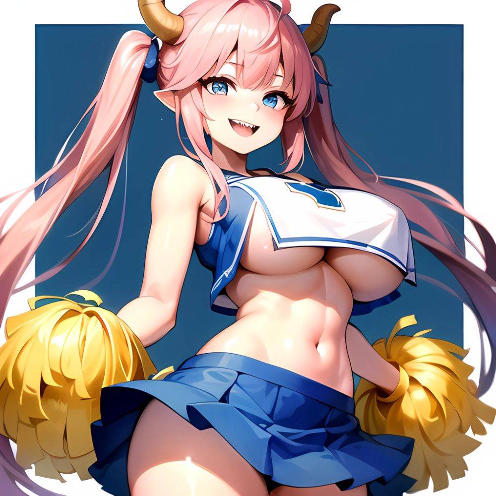 1girl Absurdres Blue Skirt Bluefrok Breasts Cheerleader Dragon Girl Dragon Horns Highres Holding Holding Pom Poms Horns Huge Bre, 3377240803 - AIHentai - #main