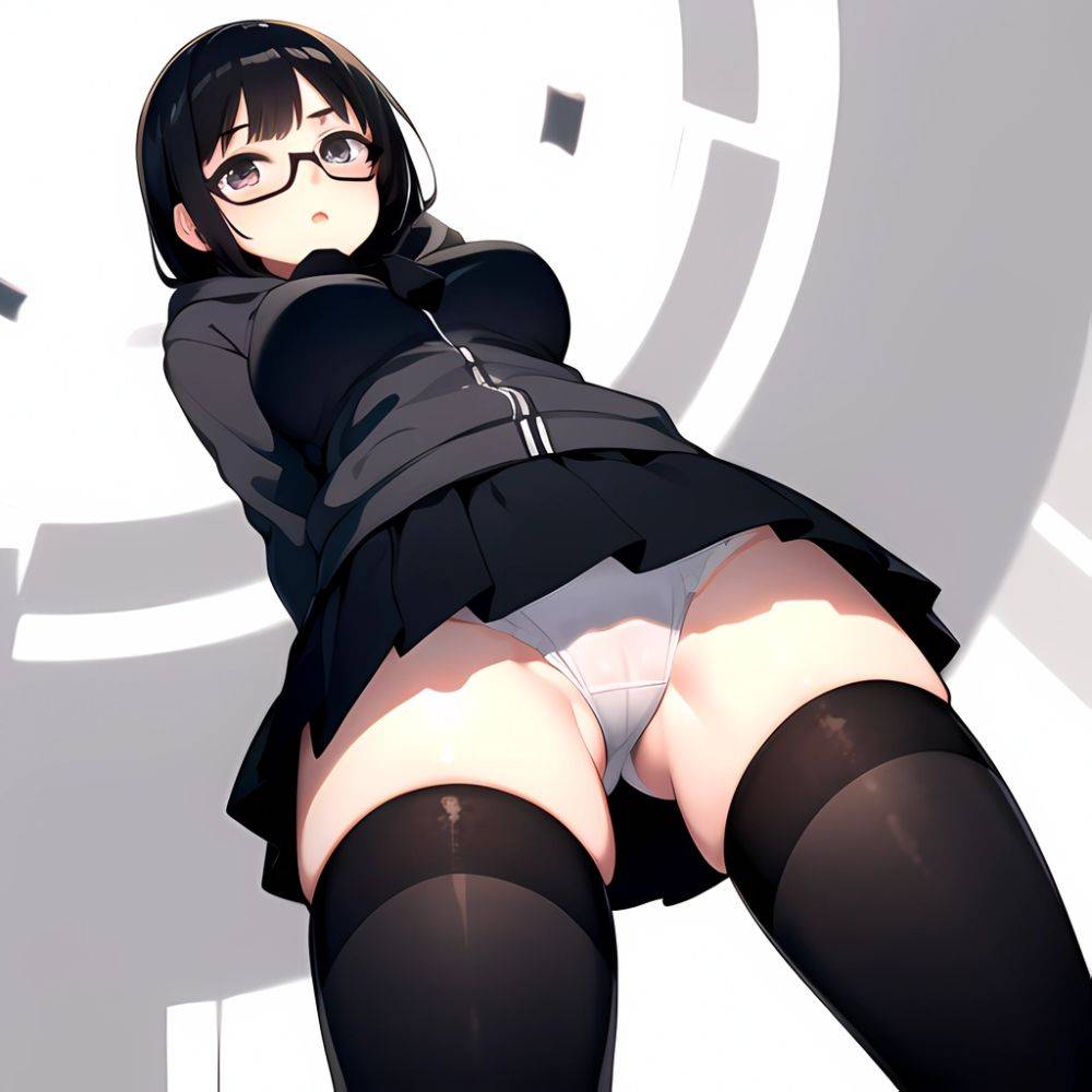 1girl Black Hair Black Necktie Black Thighhighs Breasts Cameltoe From Below Glasses Grey Eyes Grey Hoodie Highres Hood Hoodie Me, 3819513426 - AIHentai - #main