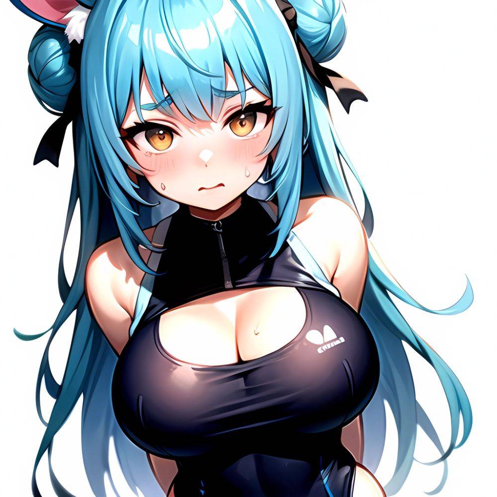 1girl Alternate Breast Size Animal Ear Fluff Animal Ears Animal Print Blue Hair Blush Breasts Cleavage Cutout Clothing Cutout Co, 60101943 - AIHentai - #main