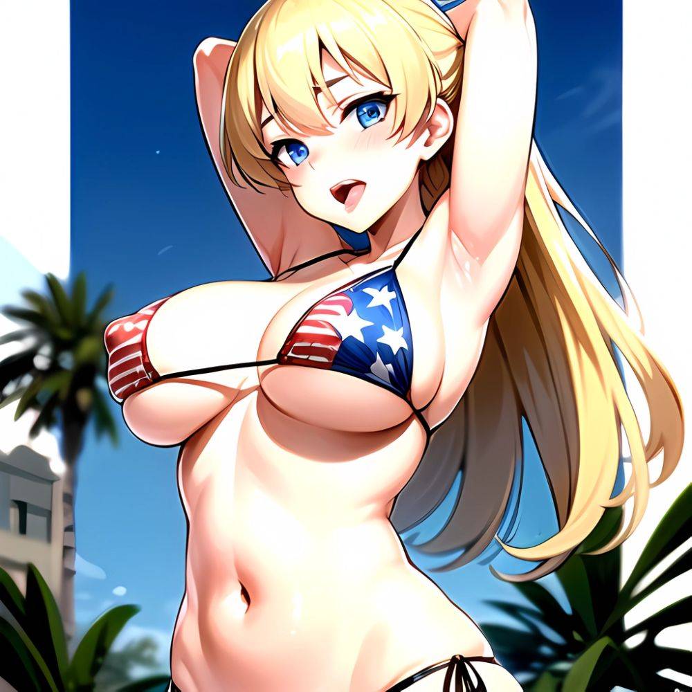 1girl American Flag Bikini Armpits Arms Behind Head Bikini Blonde Hair Blue Eyes Blush Breasts Covered Erect Nipples Flag Print, 402020611 - AIHentai - #main