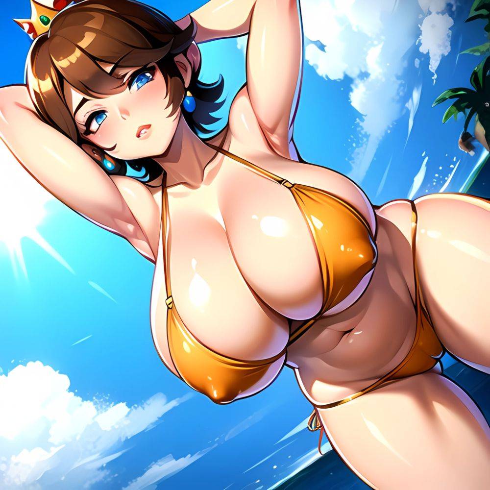 1girl Areola Slip Armpits Arms Behind Head Bikini Blue Eyes Blush Breasts Brown Hair Cleavage Huge Breasts Legs Mario Series, 3373918813 - AIHentai - #main