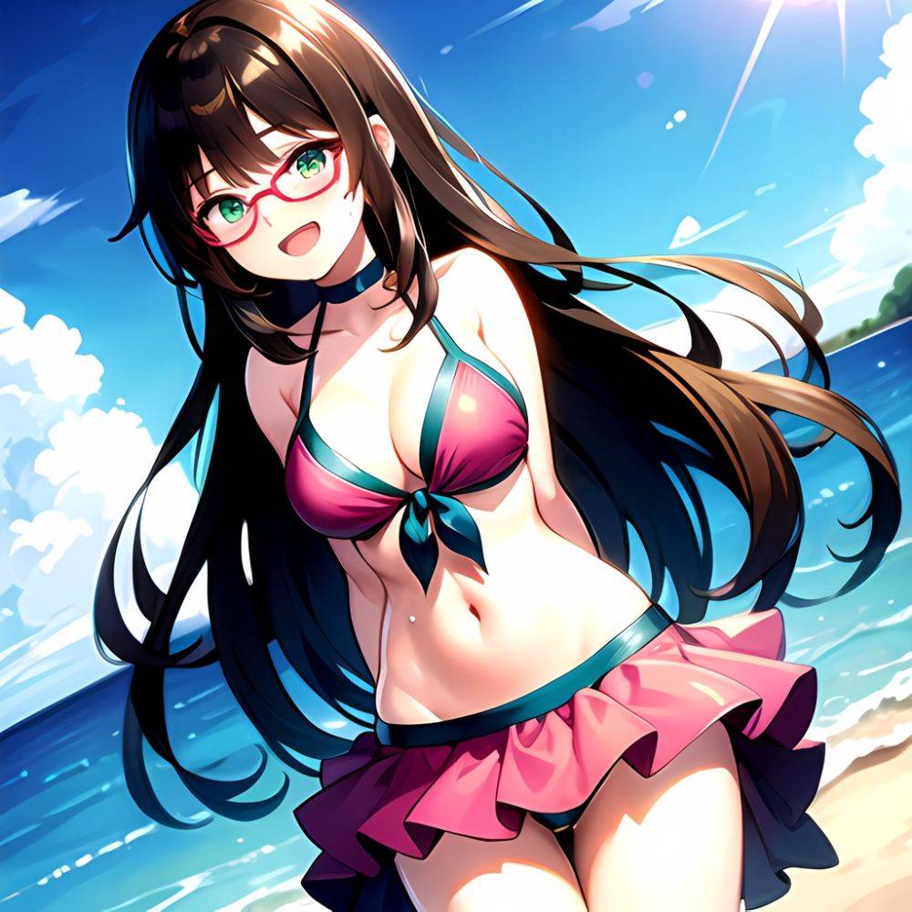 1girl D Bikini Bikini Bottom Aside Bikini Skirt Black Choker Blush Breasts Brown Hair Choker Cleavage Clothing Aside Front Tie, 3569290198 - AIHentai - #main