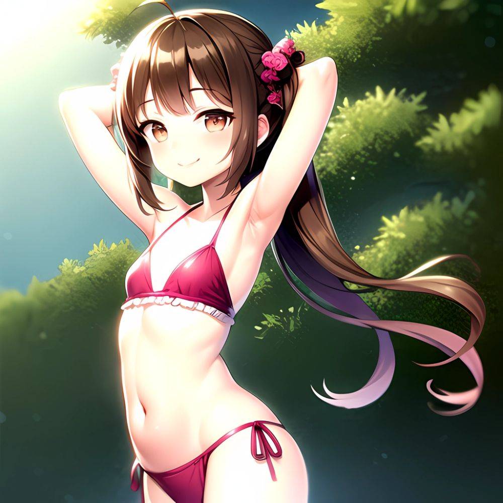 1girl Armpits Arms Behind Head Bikini Brown Eyes Brown Hair Cowboy Shot Dot Nose Flat Chest From Side Hair Ornament, 3691190351 - AIHentai - #main