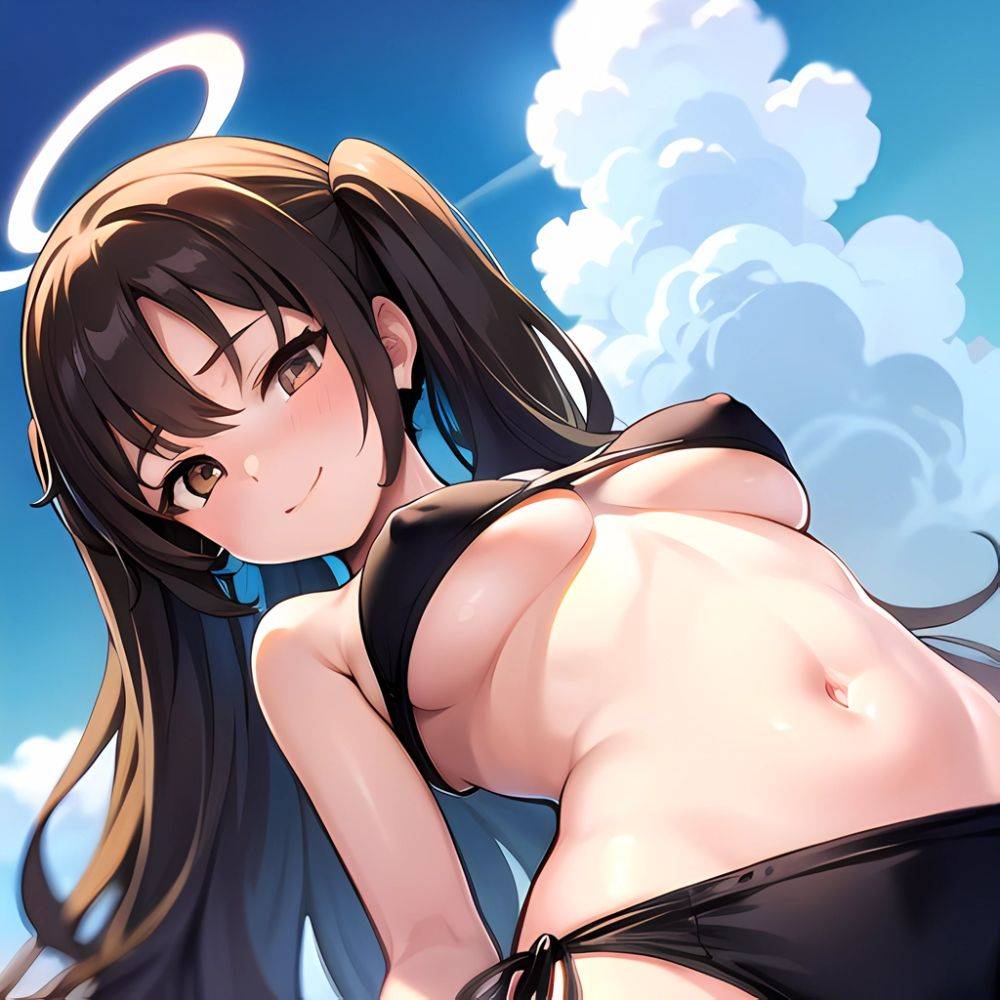 1girl Bikini Black Bikini Blue Archive Blue Sky Breasts Brown Eyes Brown Hair Closed Mouth Clothes Lift Cloud Covered Nipples, 939595258 - AIHentai - #main