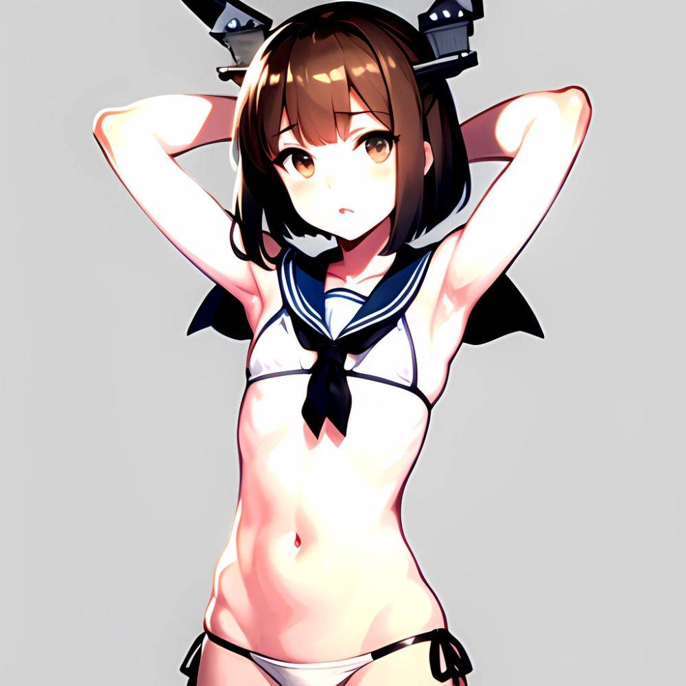 1girl Arms Up Arms Behind Head Bikini Bob Cut Brown Eyes Brown Hair Commentary Request Cosplay Cowboy Shot Flat Chest, 1342688373 - AIHentai - #main