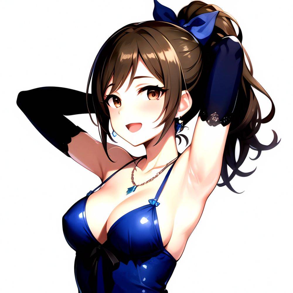 1girl Absurdres Armpits Arms Up Ayase Honoka Black Gloves Blue Bow Blue Dress Blush Bow Breasts Brown Eyes Brown Hair, 2203202036 - AIHentai - #main