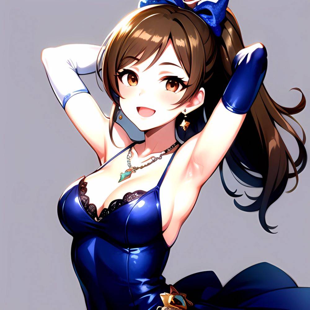 1girl Absurdres Armpits Arms Up Ayase Honoka Black Gloves Blue Bow Blue Dress Blush Bow Breasts Brown Eyes Brown Hair, 2703211840 - AIHentai - #main