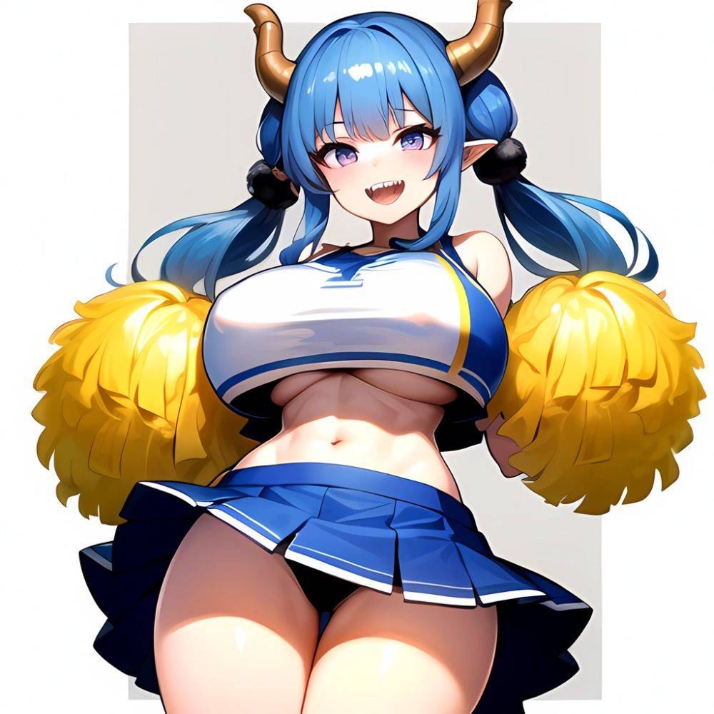 1girl Absurdres Blue Skirt Bluefrok Breasts Cheerleader Dragon Girl Dragon Horns Highres Holding Holding Pom Poms Horns Huge Bre, 1400313614 - AIHentai - #main