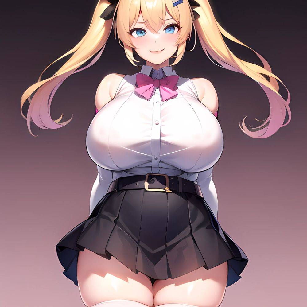 1girl Aymusk Belt Black Skirt Blonde Hair Blue Eyes Blush Bow Bowtie Breasts Curvy Elbow Gloves Fang Gloves Gradient Background, 1890439897 - AIHentai - #main