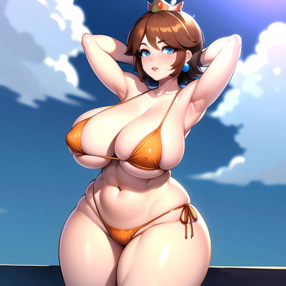 1girl Areola Slip Armpits Arms Behind Head Bikini Blue Eyes Blush Breasts Brown Hair Cleavage Huge Breasts Legs Mario Series, 2371667600 - AIHentai - #main