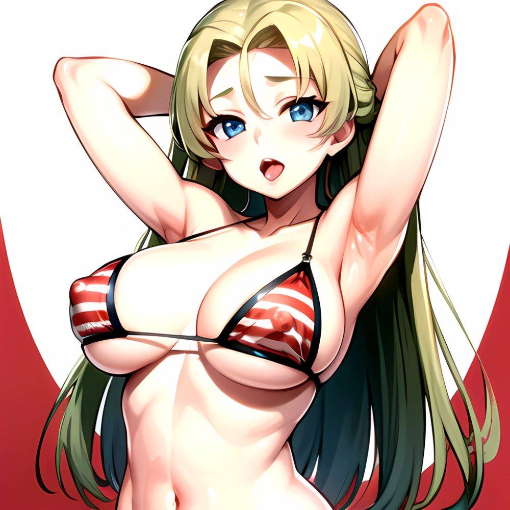 1girl American Flag Bikini Armpits Arms Behind Head Bikini Blonde Hair Blue Eyes Blush Breasts Covered Erect Nipples Flag Print, 3074642727 - AIHentai - #main