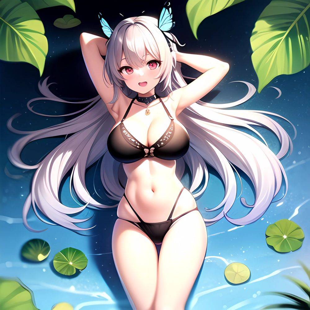 1girl D Bare Arms Bare Shoulders Bikini Black Bikini Breasts Bug Butterfly Butterfly Hair Ornament Choker Cleavage Feet Out Of, 388667844 - AIHentai - #main