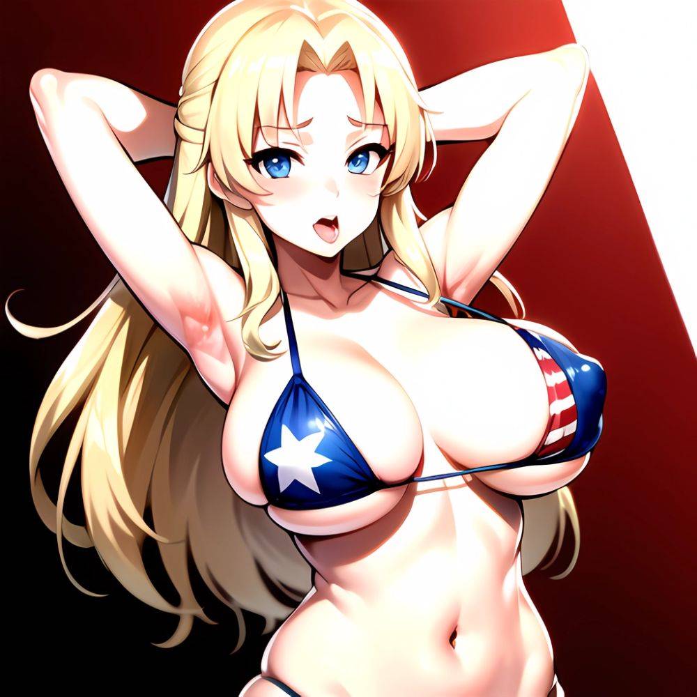 1girl American Flag Bikini Armpits Arms Behind Head Bikini Blonde Hair Blue Eyes Blush Breasts Covered Erect Nipples Flag Print, 3670701740 - AIHentai - #main