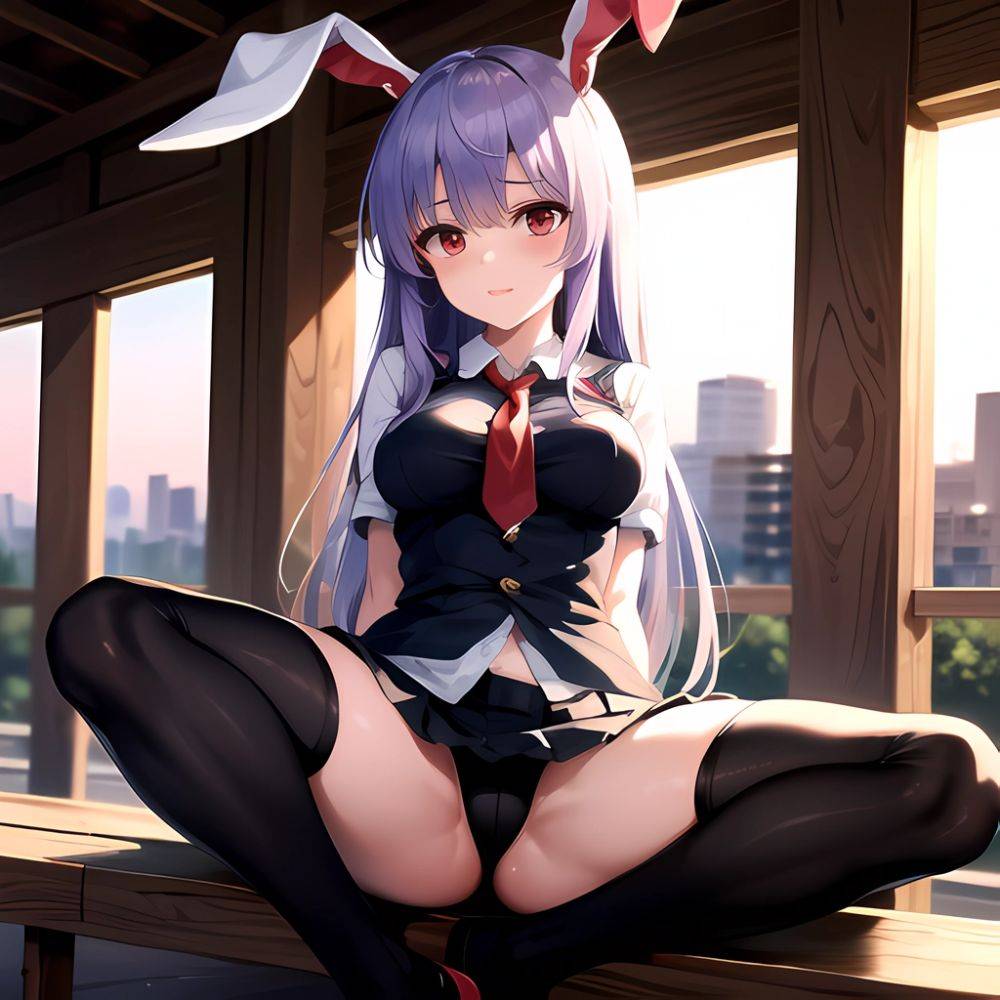 Ai Assisted Breasts Highres Medium Breasts Red Eyes Reisen Udongein Inaba Sitting Spread Legs Touhou Arms Behind Back, 2558872798 - AIHentai - #main