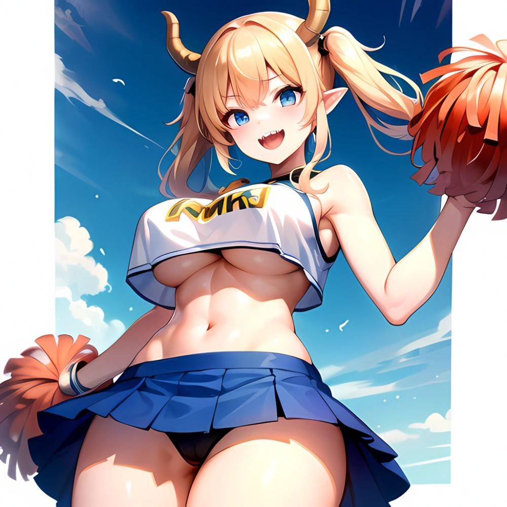 1girl Absurdres Blue Skirt Bluefrok Breasts Cheerleader Dragon Girl Dragon Horns Highres Holding Holding Pom Poms Horns Huge Bre, 2548557532 - AIHentai - #main