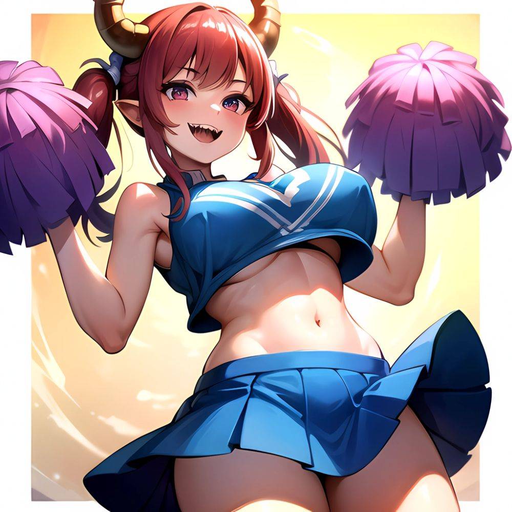 1girl Absurdres Blue Skirt Bluefrok Breasts Cheerleader Dragon Girl Dragon Horns Highres Holding Holding Pom Poms Horns Huge Bre, 3855149575 - AIHentai - #main