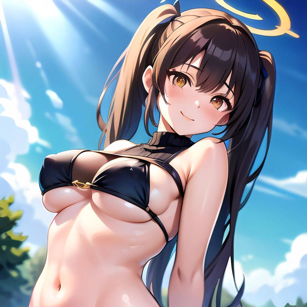 1girl Bikini Black Bikini Blue Archive Blue Sky Breasts Brown Eyes Brown Hair Closed Mouth Clothes Lift Cloud Covered Nipples, 2830242900 - AIHentai - #main