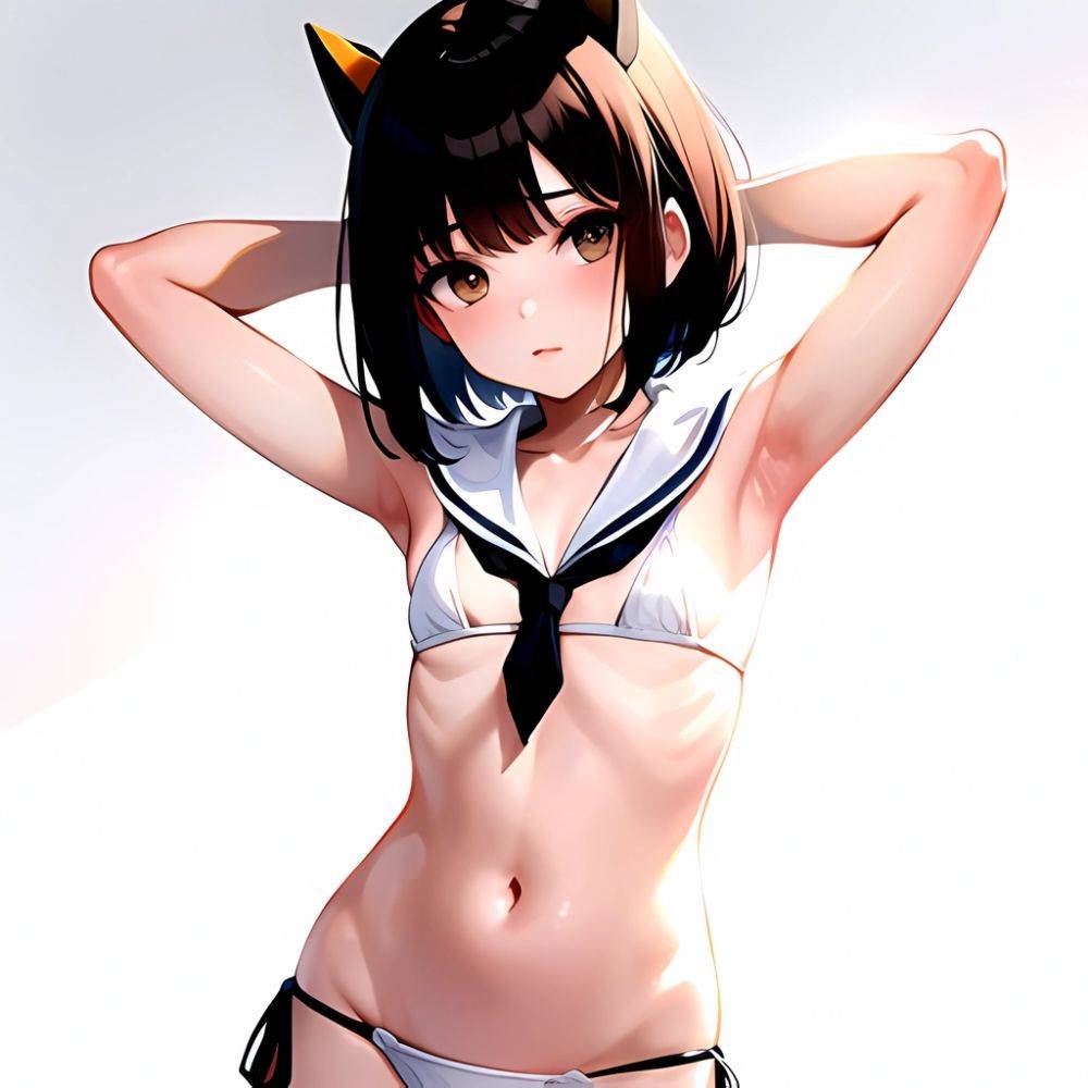 1girl Arms Up Arms Behind Head Bikini Bob Cut Brown Eyes Brown Hair Cosplay Cowboy Shot Flat Chest Headgear Inverted, 2240510528 - AIHentai - #main