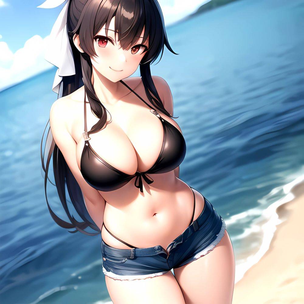 1girl Arms Behind Back Beach Bikini Bikini Under Shorts Black Bikini Black Hair Blurry Blurry Background Breasts Cleavage Closed, 199188456 - AIHentai - #main