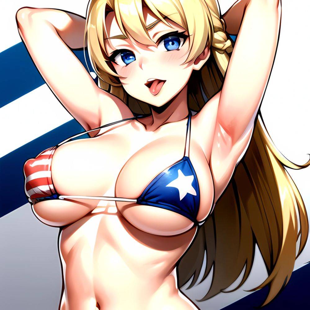 1girl American Flag Bikini Armpits Arms Behind Head Bikini Blonde Hair Blue Eyes Blush Breasts Covered Erect Nipples Flag Print, 2749132043 - AIHentai - #main