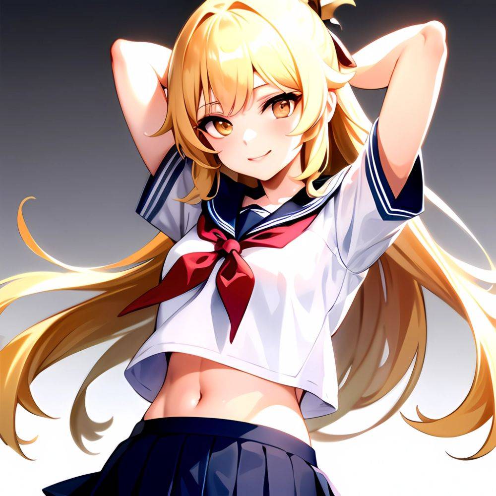 1girl Arms Up Arms Behind Head Blonde Hair Blue Skirt Bow Crop Top Crop Top Overhang Genshin Impact Gradient Background, 1414397065 - AIHentai - #main