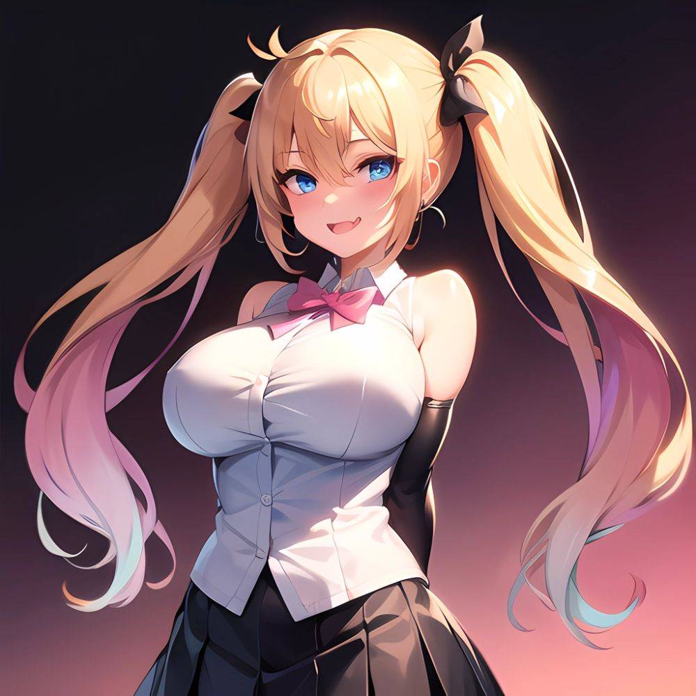 1girl Aymusk Belt Black Skirt Blonde Hair Blue Eyes Blush Bow Bowtie Breasts Curvy Elbow Gloves Fang Gloves Gradient Background, 726436843 - AIHentai - #main