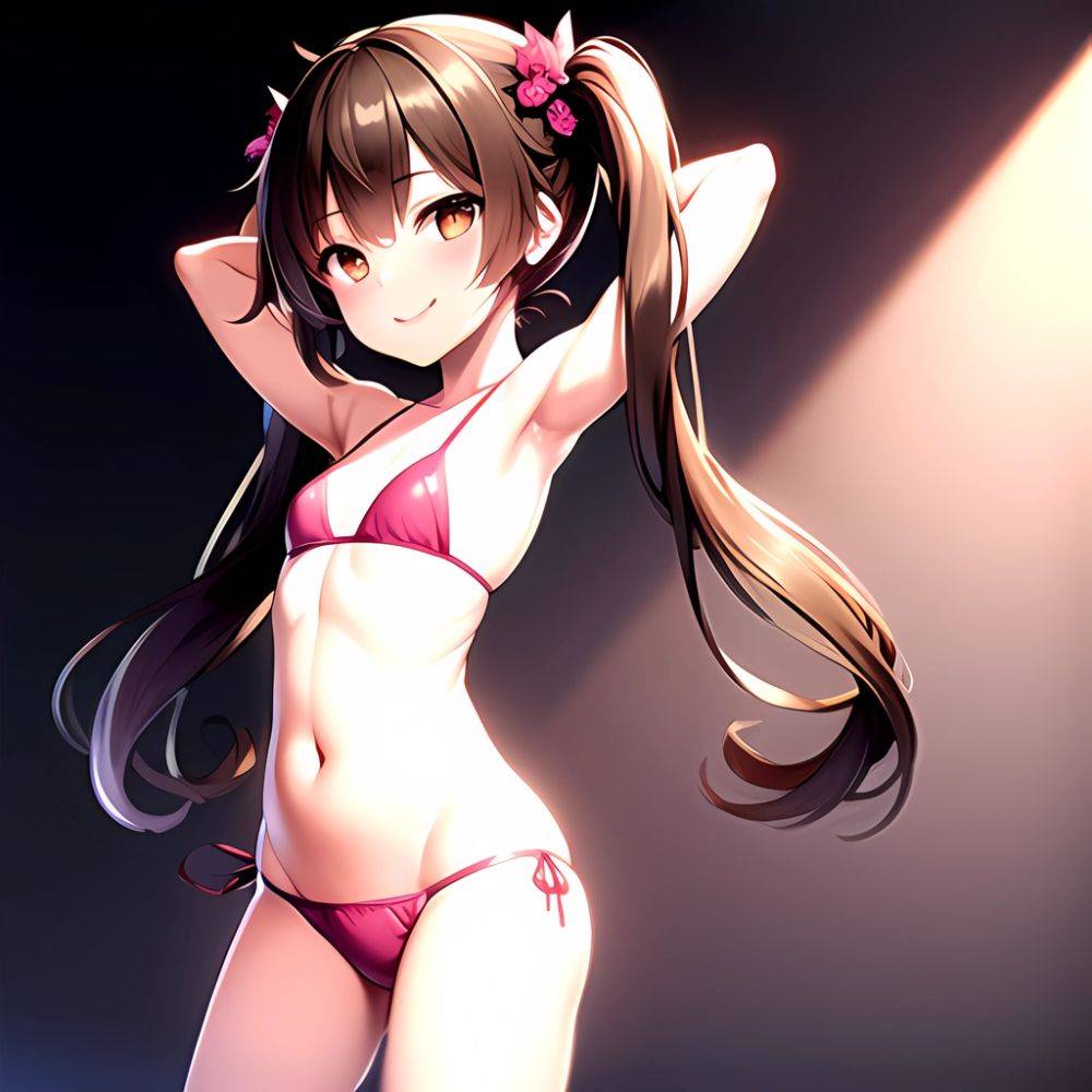 1girl Armpits Arms Behind Head Bikini Brown Eyes Brown Hair Cowboy Shot Dot Nose Flat Chest From Side Hair Ornament, 2126550995 - AIHentai - #main