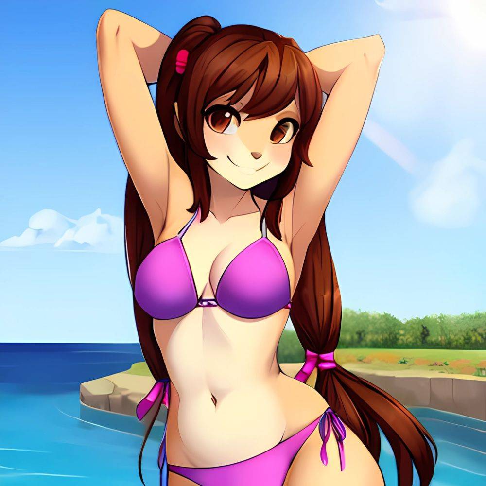 1girl Armpits Arms Behind Head Bikini Brown Eyes Brown Hair Cowboy Shot Dot Nose Flat Chest From Side Hair Ornament, 1585151096 - AIHentai - #main