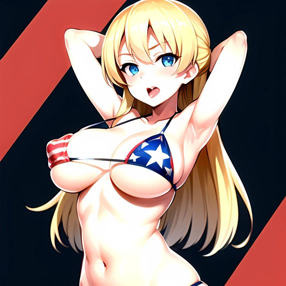 1girl American Flag Bikini Armpits Arms Behind Head Bikini Blonde Hair Blue Eyes Blush Breasts Covered Erect Nipples Flag Print, 707608528 - AIHentai - #main