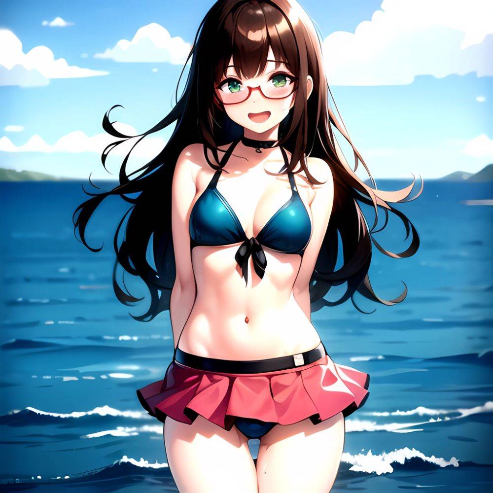 1girl D Bikini Bikini Bottom Aside Bikini Skirt Black Choker Blush Breasts Brown Hair Choker Cleavage Clothing Aside Front Tie, 3325204255 - AIHentai - #main