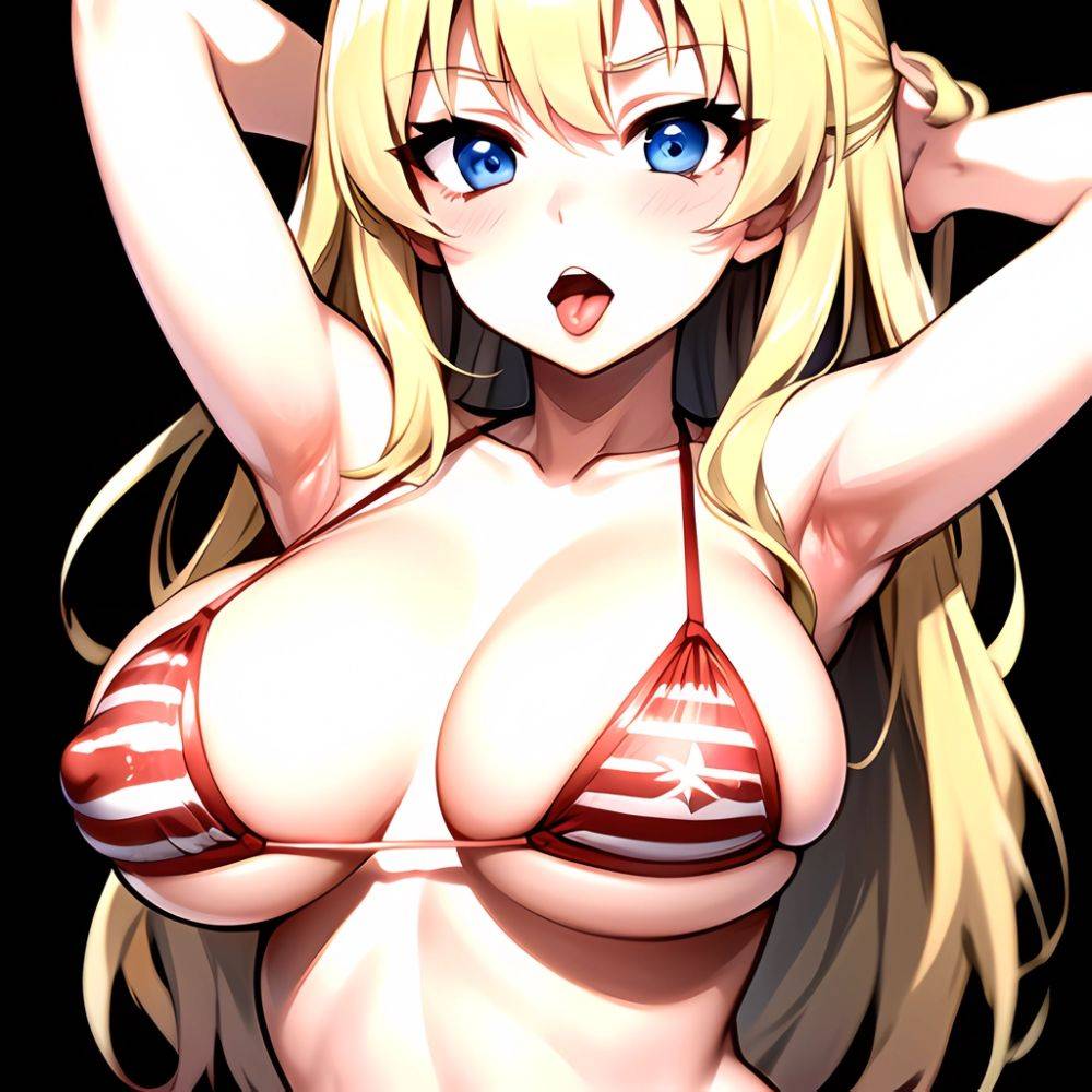 1girl American Flag Bikini Armpits Arms Behind Head Bikini Blonde Hair Blue Eyes Blush Breasts Covered Erect Nipples Flag Print, 3746109200 - AIHentai - #main