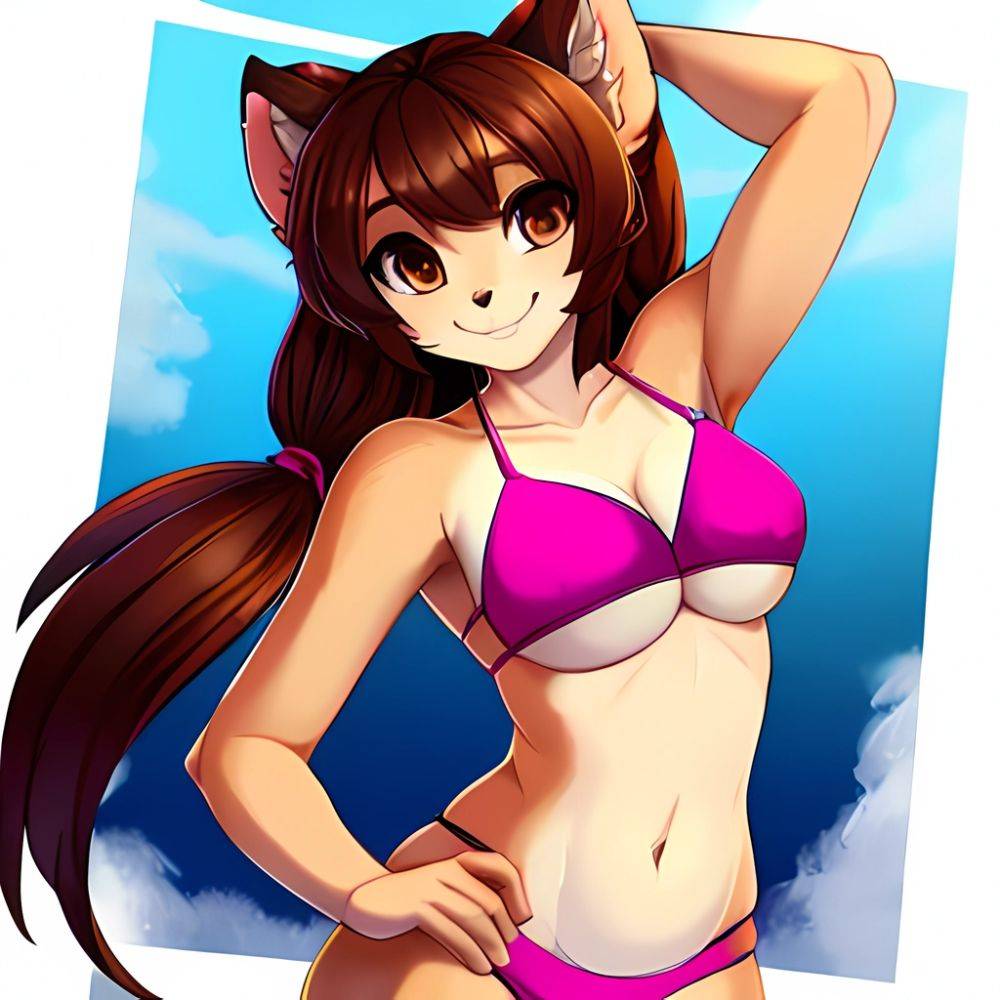 1girl Armpits Arms Behind Head Bikini Brown Eyes Brown Hair Cowboy Shot Dot Nose Flat Chest From Side Hair Ornament, 981775651 - AIHentai - #main